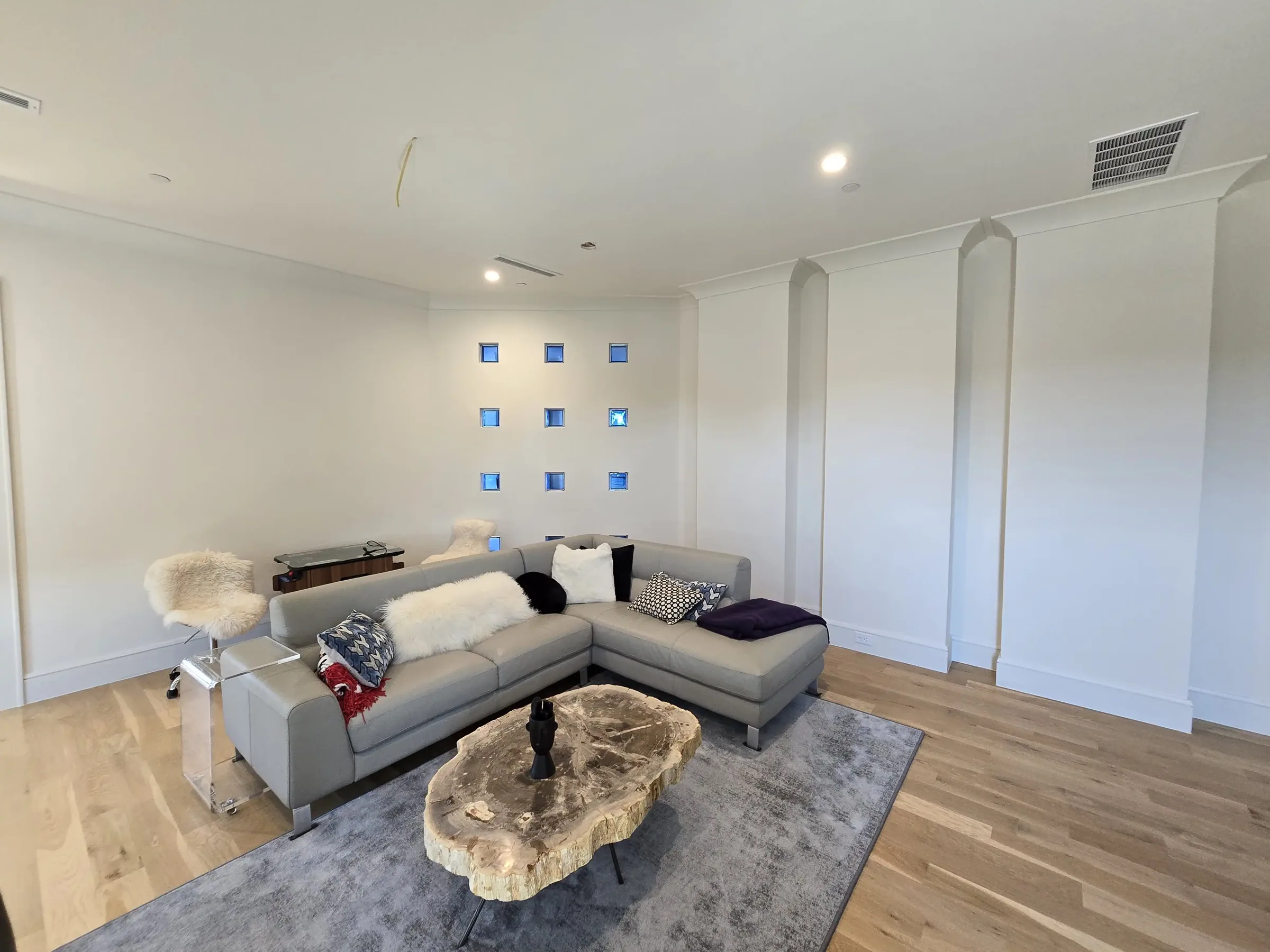 Interior of a custom home toward the ceiling detail, after completion on private acreage in Heath