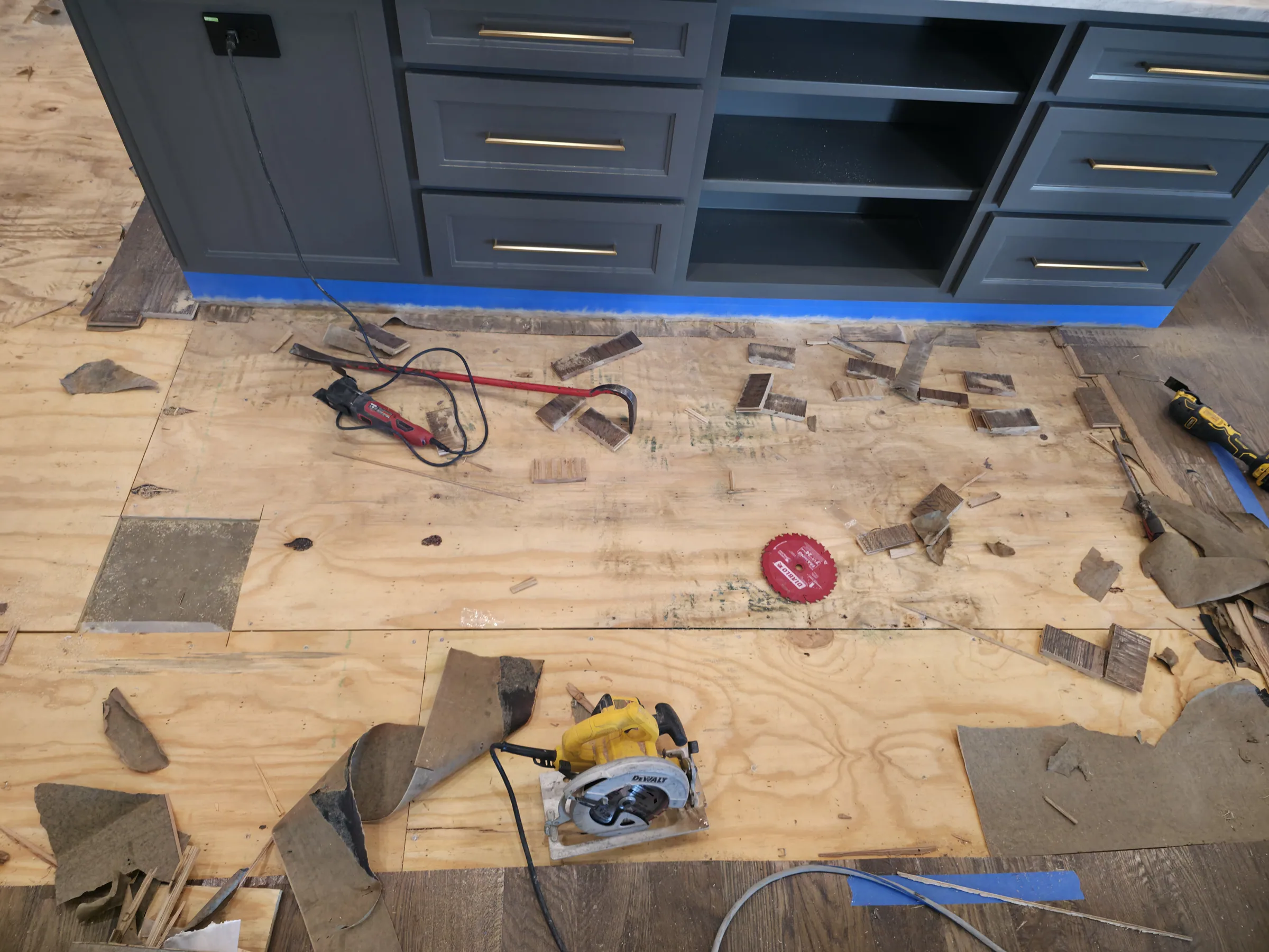 Moisture and leak diagnostic work showing water staining, mid-build during leak diagnostics