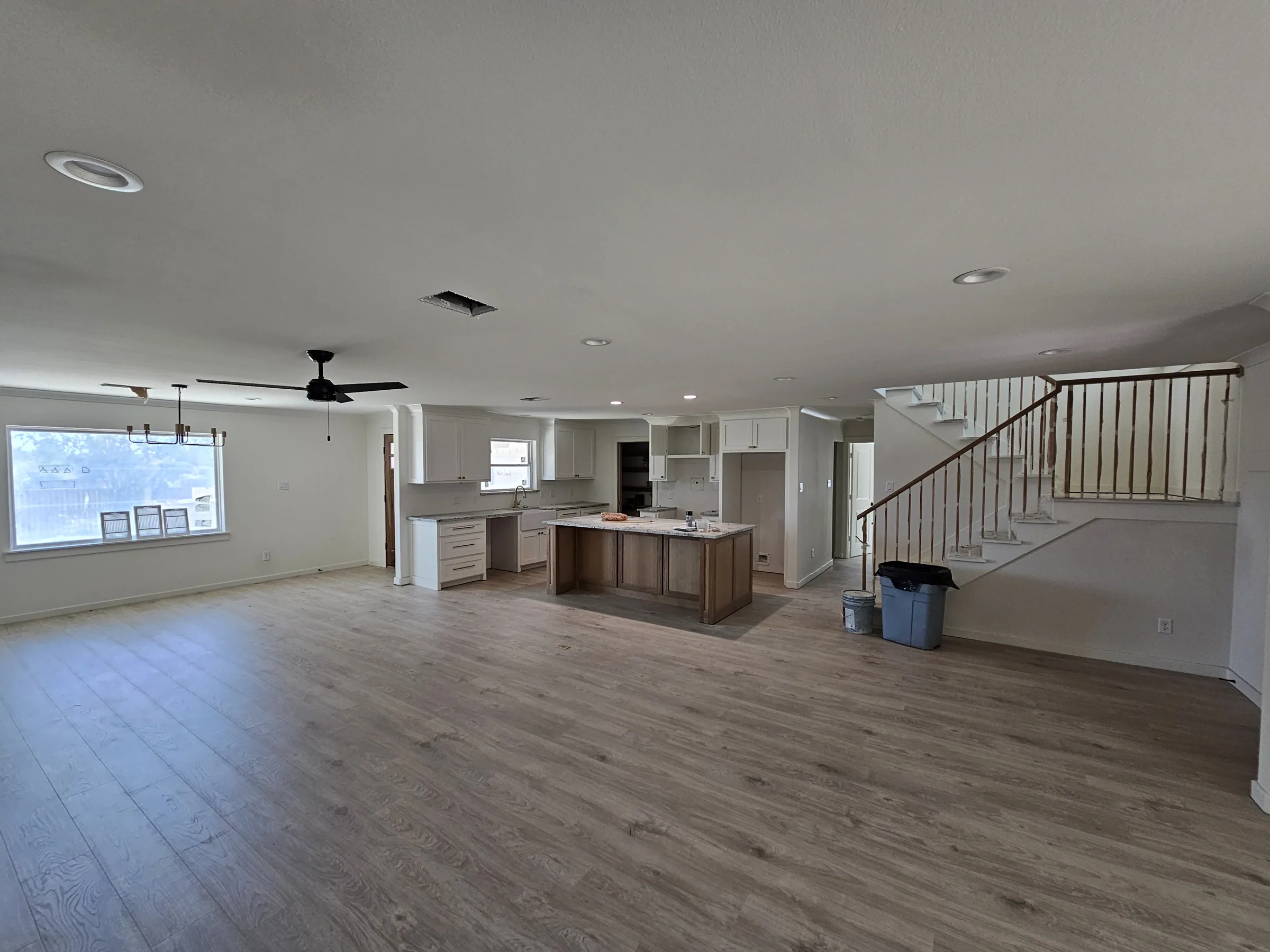 Interior of a custom home toward the ceiling detail, mid-build on the Mesquite remodel