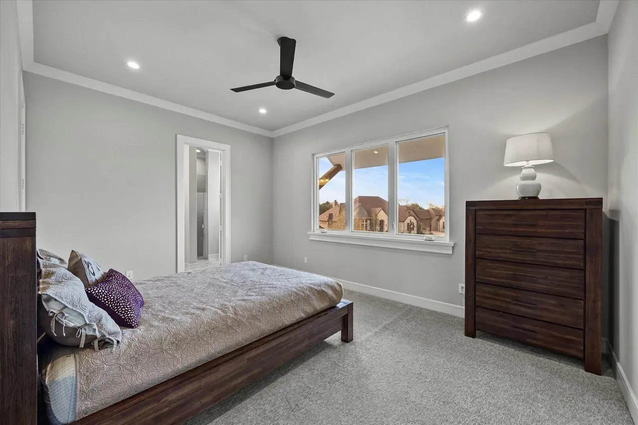 Interior of a custom home toward the ceiling detail, in daylight at The Providence, Heath