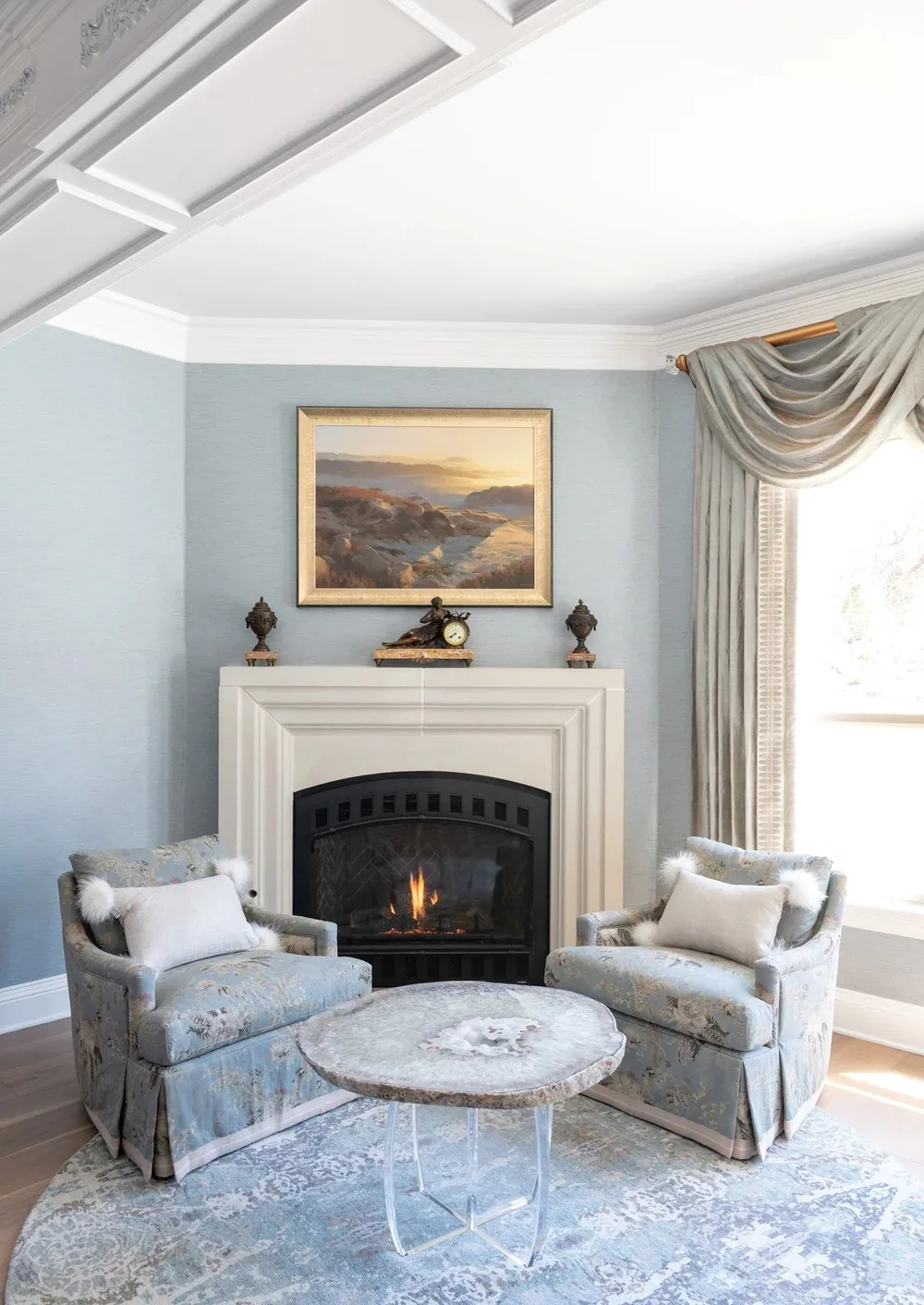 Interior of a custom home toward the ceiling detail, mid-build at Shepherd’s Glen