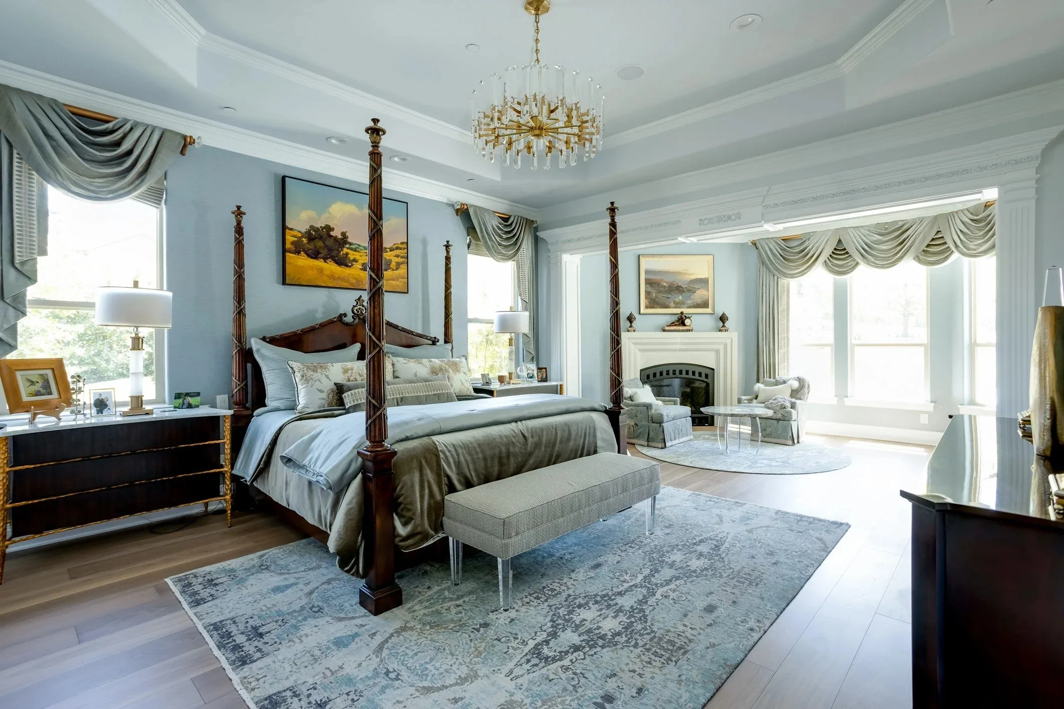Interior of a custom home toward the ceiling detail, from a second position at Shepherd’s Glen