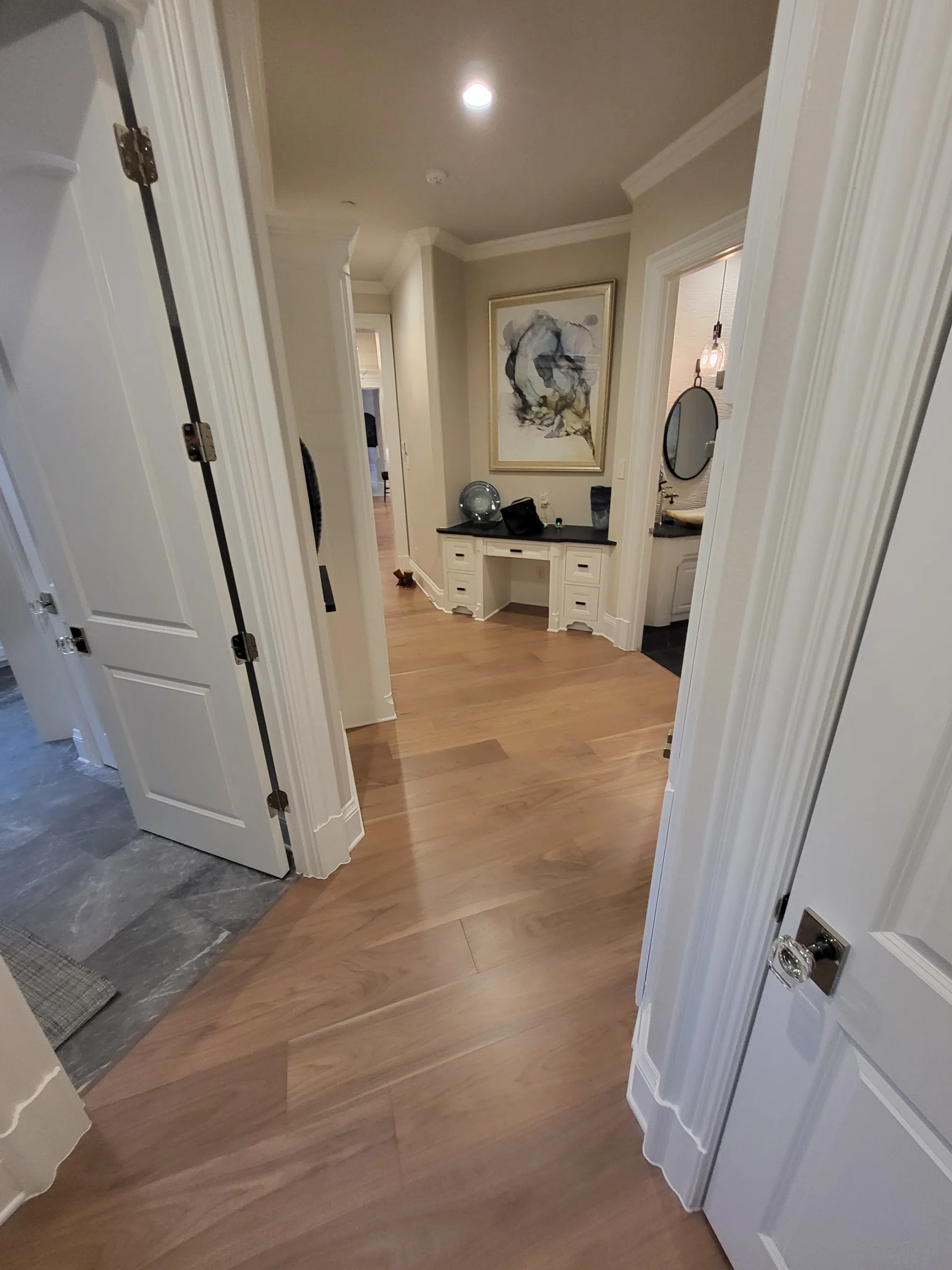 Interior of a custom home toward the adjoining room on the Shepherd’s Glen remodel