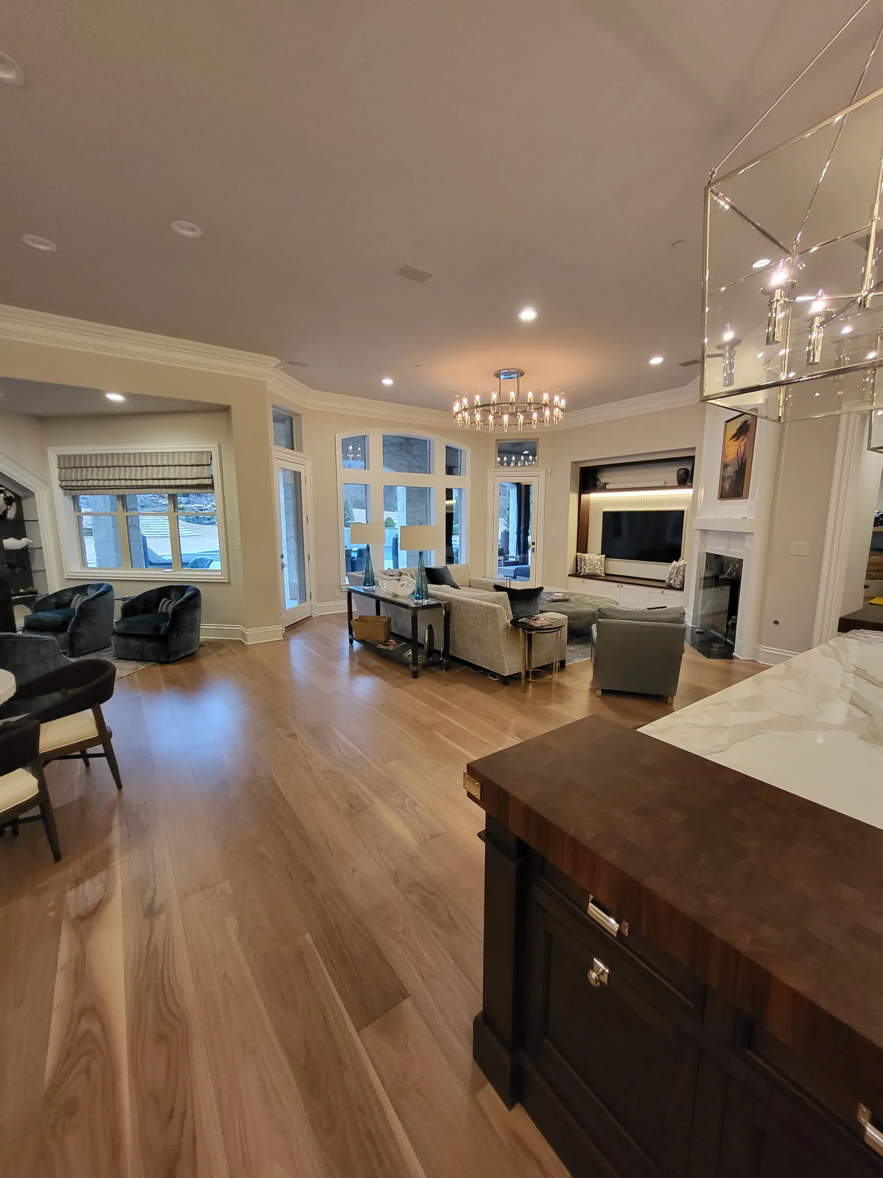 Interior of a custom home toward the ceiling detail, with the finishes in on the Shepherd’s Glen remodel