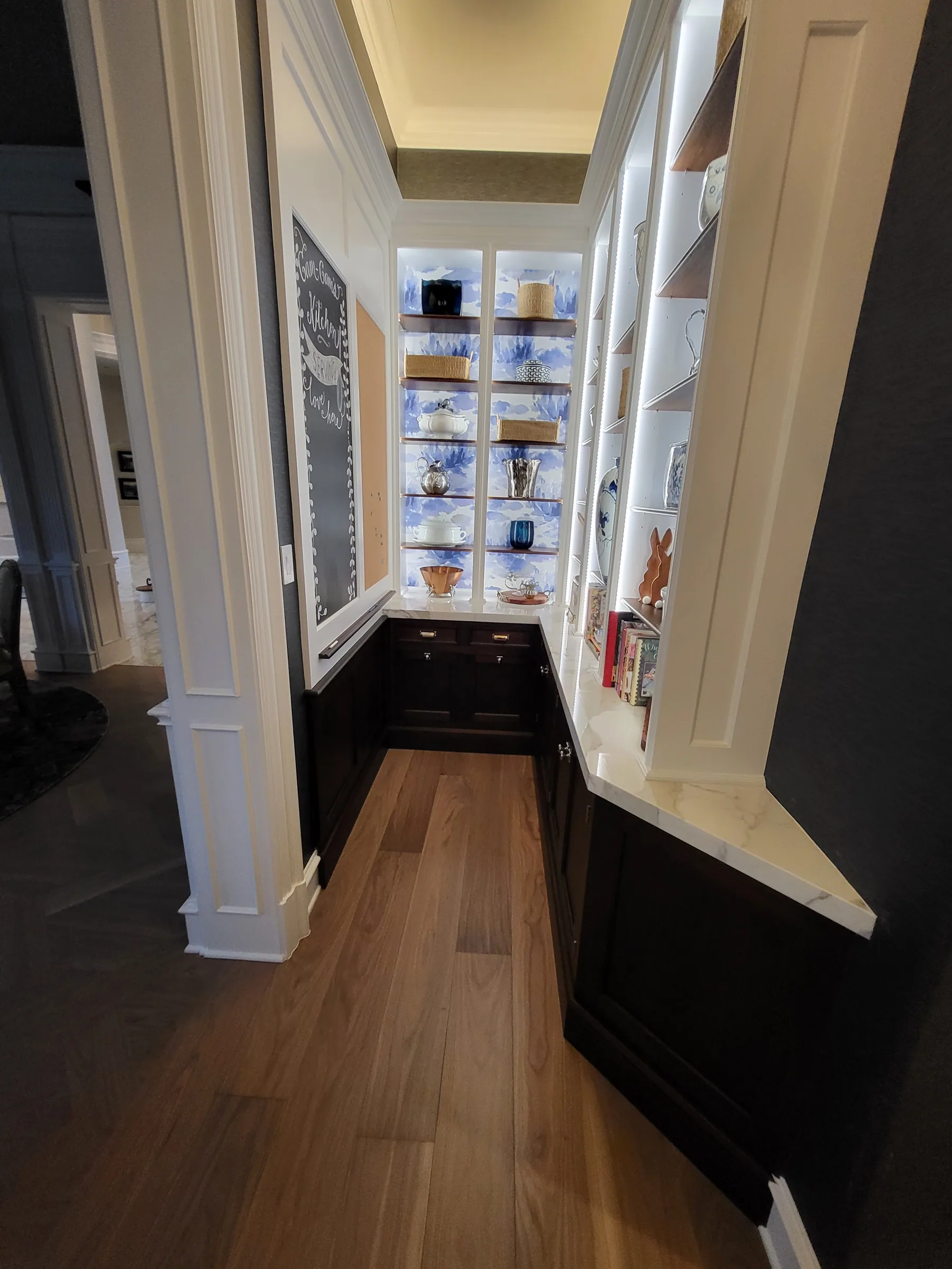 Interior of a custom home toward the ceiling detail, mid-build on the Shepherd’s Glen remodel