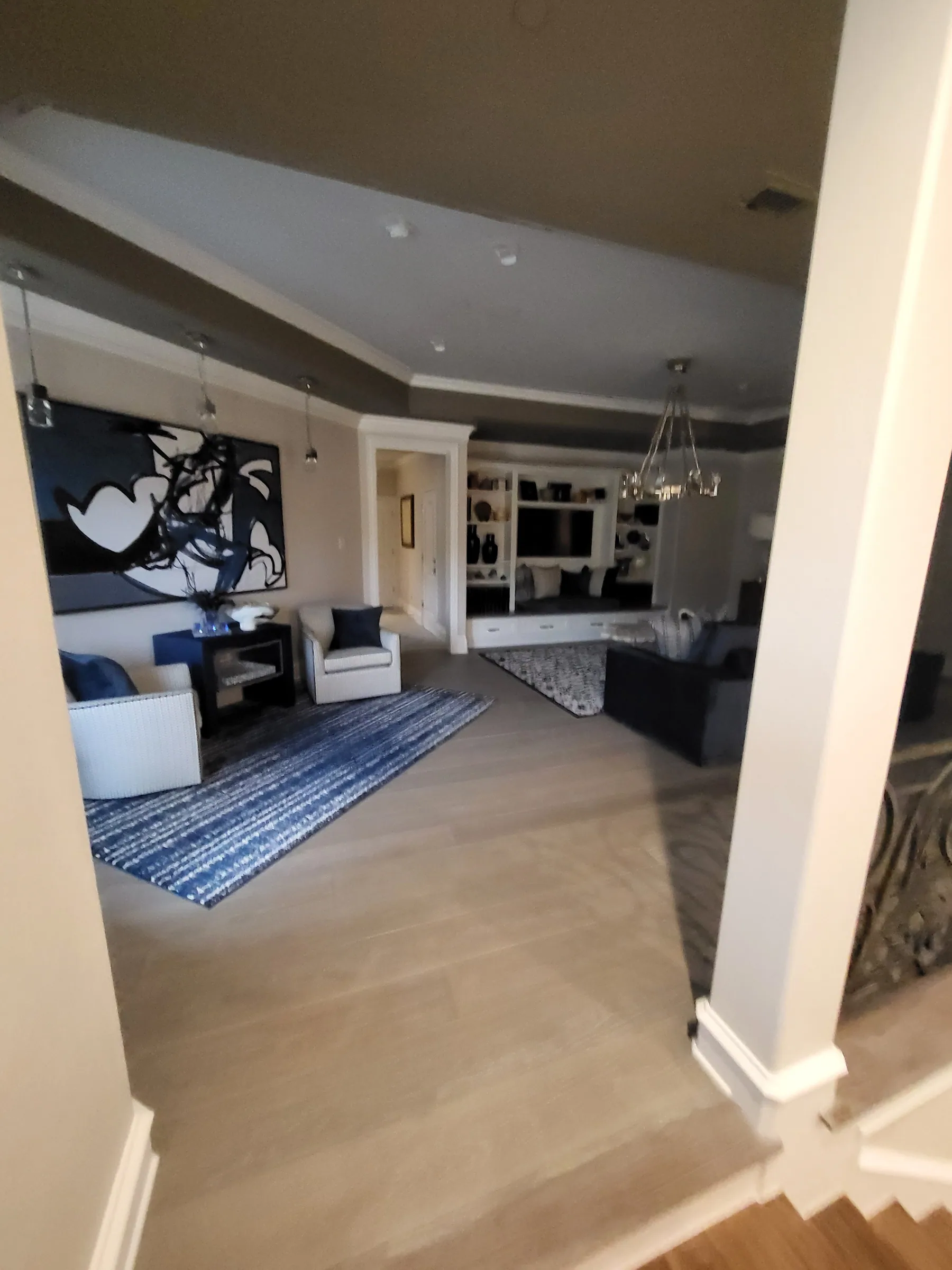 Interior of a custom home toward the ceiling detail, after completion on the Shepherd’s Glen remodel