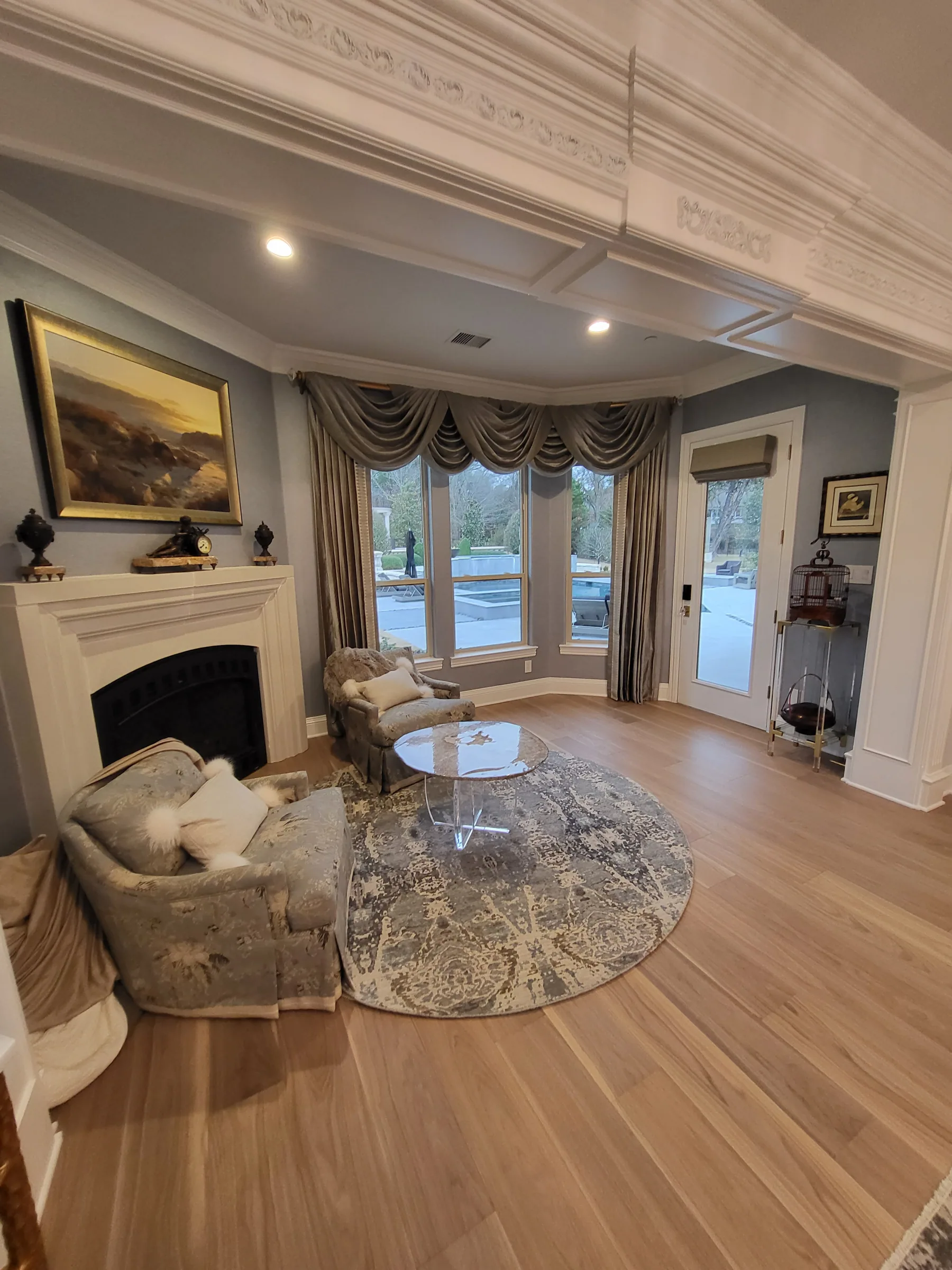 Interior of a custom home looking toward the windows, from a second position on the Shepherd’s Glen remodel