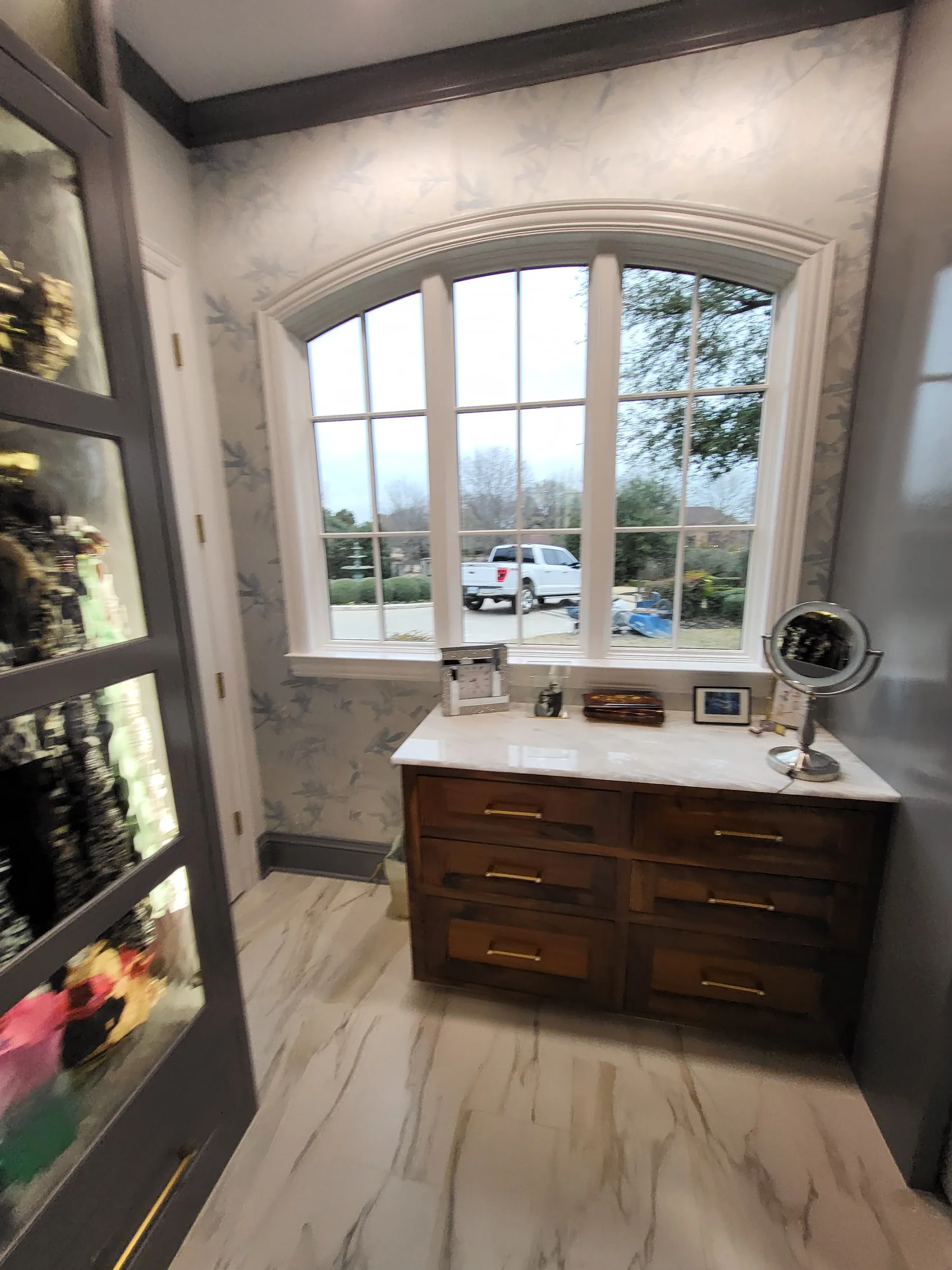 Interior of a custom home toward the ceiling detail, with the space empty on the Shepherd’s Glen remodel