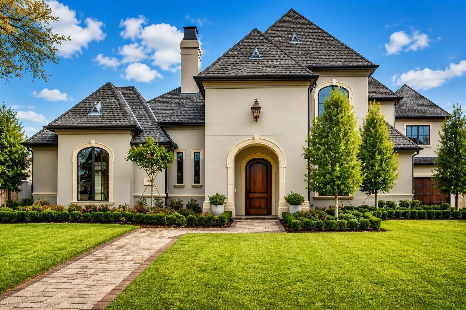 Front of a two-story stucco home with an arched wood entry door, tall steep roofs and a brick paver walk at Wimberly Place, Allen