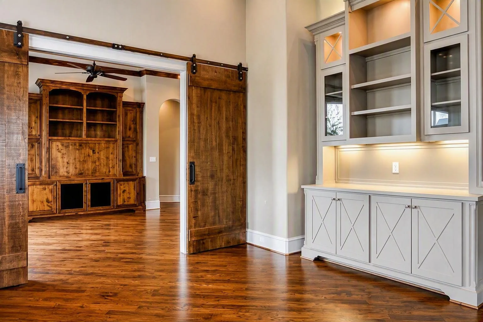 Interior of a custom home looking toward the windows, with the finishes in at Wimberly Place, Allen